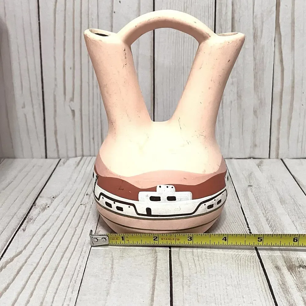 Vintage Southwestern Hand Painted Clay Pottery Wedding Vase 1980's TESA